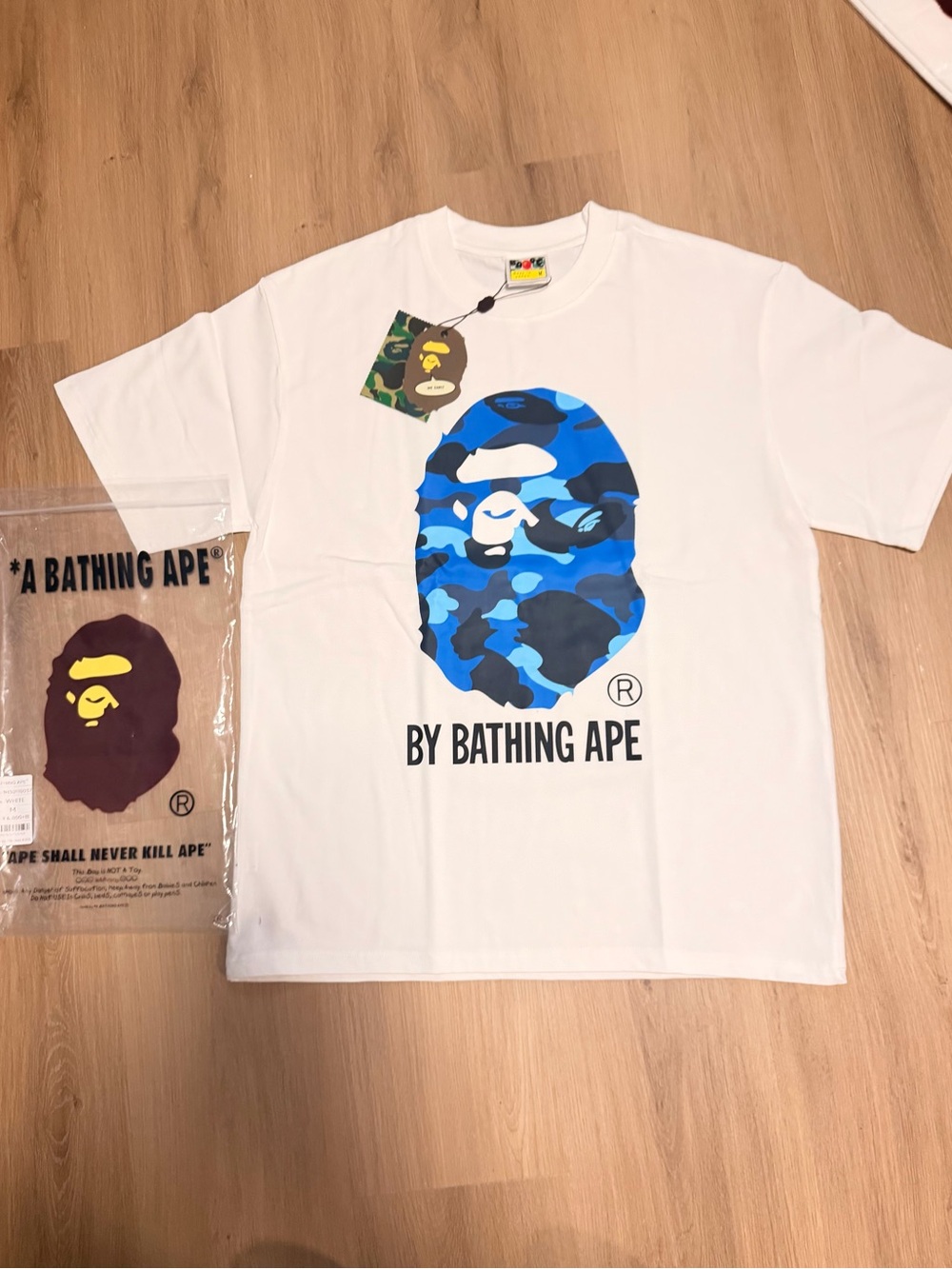 A Bathing Ape White Tee with Blue Camo Ape Head